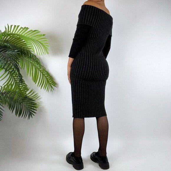 Vintage New York & Co. Black Knit Off The Shoulder Bodycon Sweater Dress / Small - Picture 2 of 5